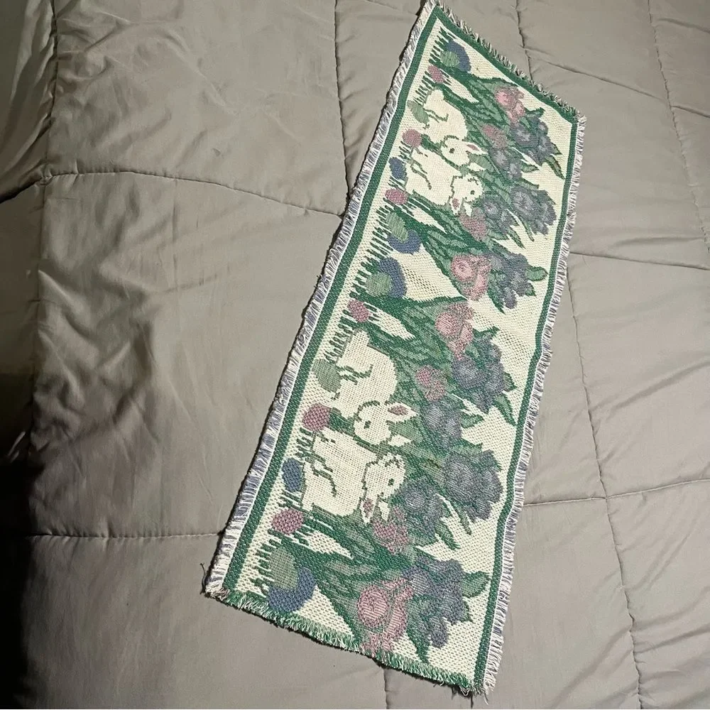Bunnies and Tulips Tapestry Folk Art Spring Table Runner Easter Woven 34X13